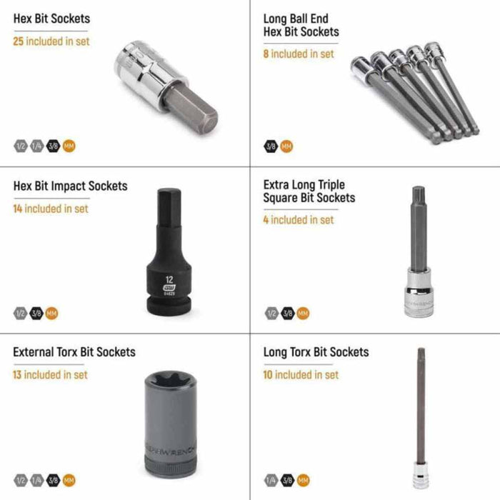 Gearwrench GWMSBSKCBMM 74 Piece 1/4”, 3/8”, 1/2” Drive Metric Bit Socket Set in Foam Storage Tray - 6