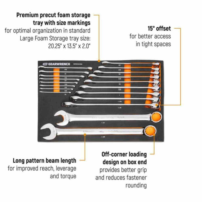 Gearwrench GWMSCWL12SAE 19 Piece 12 Point Long Pattern Combination SAE Wrench Set - 2