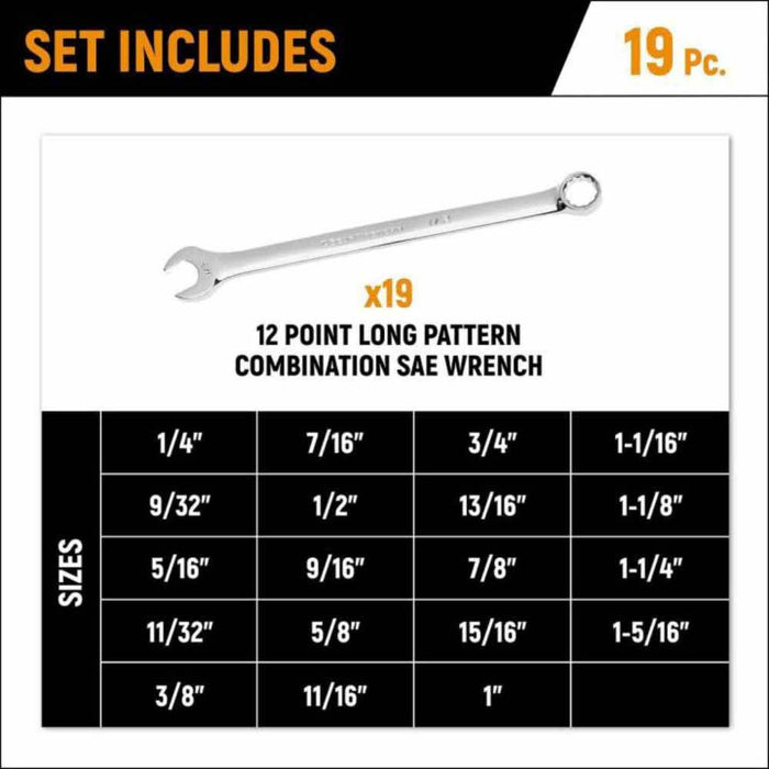 Gearwrench GWMSCWL12SAE 19 Piece 12 Point Long Pattern Combination SAE Wrench Set - 6