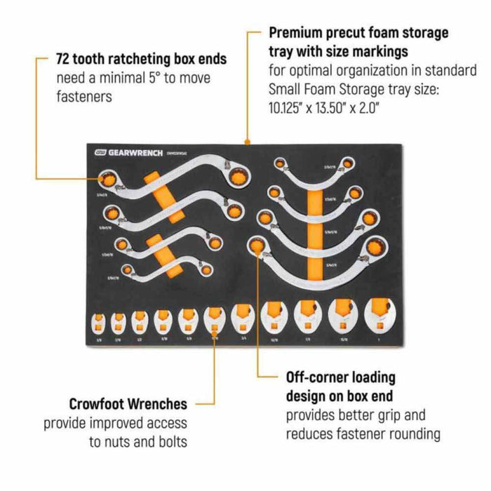 Gearwrench GWMSSRWSAE 19 Piece Specialty Ratcheting SAE Wrench Set in Foam Storage Tray - 2