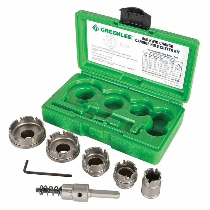 Greenlee 660 Quick Change Stainless Steel Hole Cutter Kit (7/8", 1-1/8", 1-3/8", 1-3/4", 2") - 7