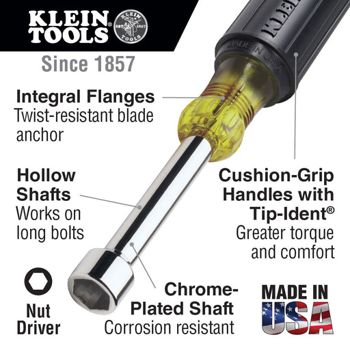 Klein Tools 633 Nut Driver Set 3" Shafts, Cushion Grip, 4-Piece - 2