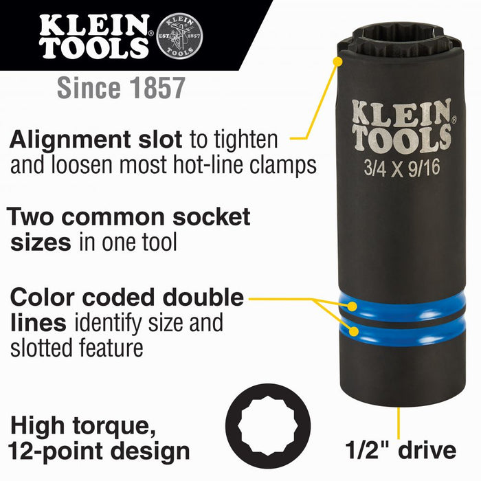 Klein 66031 3-in-1 Slotted Impact Socket, 12-Point, 3/4" and 9/16" - 7