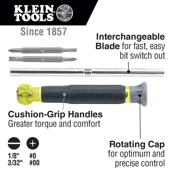 Klein Tools 32581 Multi-Bit Electronics Screwdriver, 4-in-1, Phillips, Slotted Bits - 6