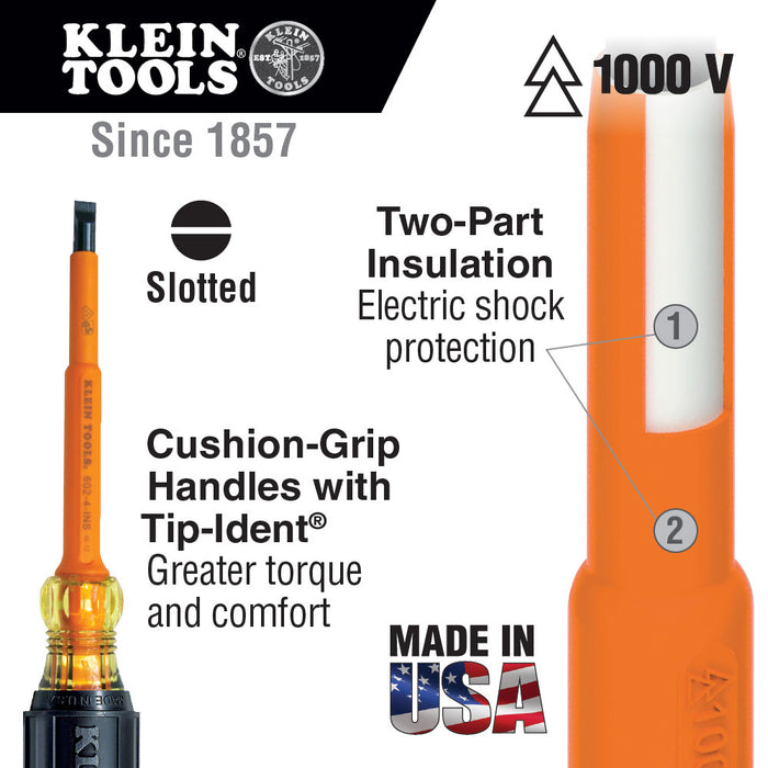 Klein Tools 601-7-INS Insulated Screwdriver, 3/16" Cabinet, 7" - 2