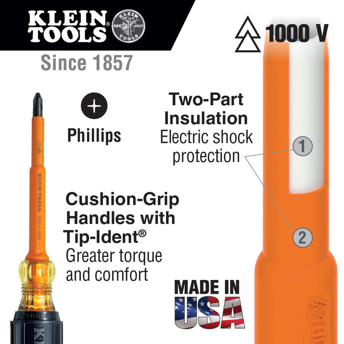 Klein Tools 603-4-INS Insulated Screwdriver, #2 Phillips Tip, 4" - 4