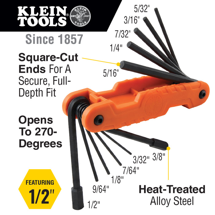 Klein 70550 Pro Folding Hex Key Set, 11 Fractional Inch-Sized Keys - 7