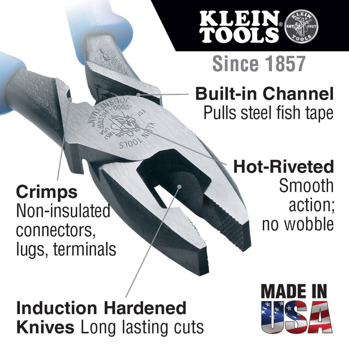 Klein Tools J2000-9NECRTP Lineman's Pliers, Fish Tape Pull/Crimping, 9" - 2