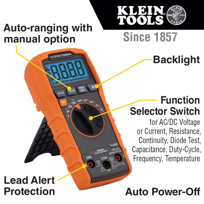 Klein MM420 Digital Multimeter, TRMS Auto-Ranging, 600V, Temp - 6