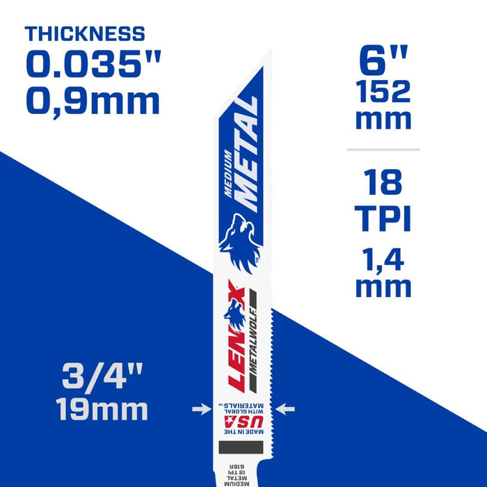Lenox 20566618R 6 in. 18 TPI METALWOLF .035-in Thick WAVE EDGE Bi-Metal Reciprocating Saw Blade (5 Pack) - 11
