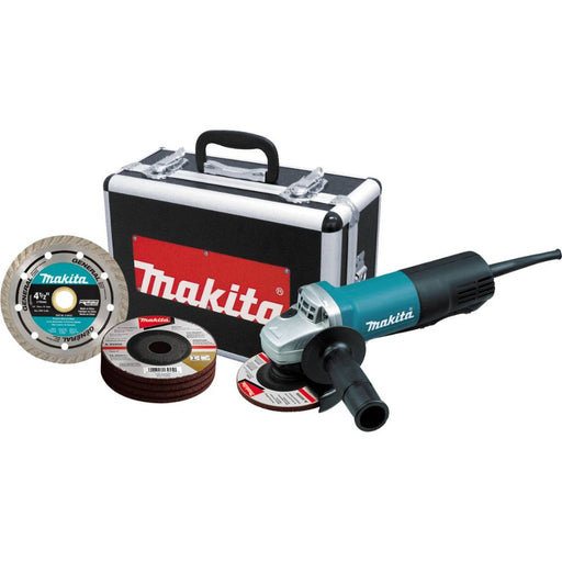 Makita 9557PBX1 4-1/2" Paddle Switch Cut-Off/Angle Grinder with aluminum case, diamond blade, 5 ea. grinding wheel, cut-off & grinding guards, lock-off, lock-on