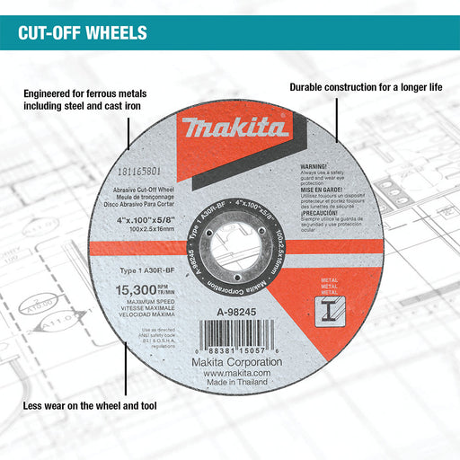 Makita A-98815-25 4" x .100" x 5/8" Cut-off Wheel, Metal, 25/pk - 2