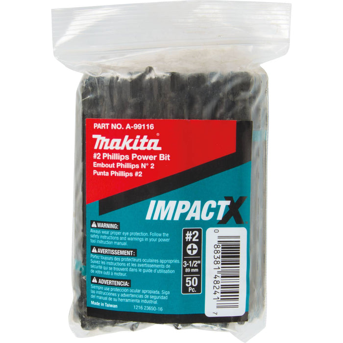 Makita A-99116 ImpactX #2 Phillips 3-1/2" Power Bit, 50/pk, Bulk