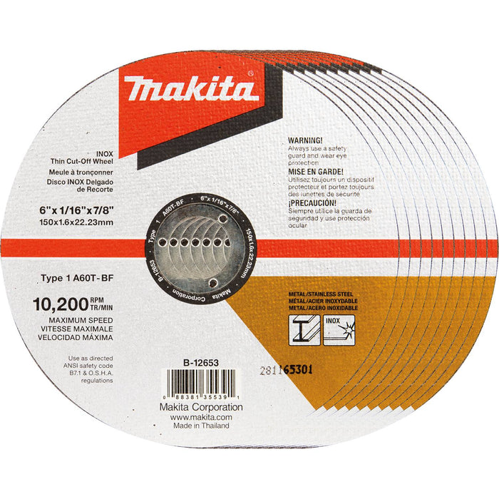 Makita B-12653-10 6" x .060" x 7/8" Thin INOX Cut-Off Wheel 10 Pack