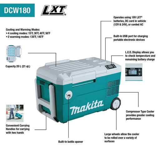 Makita DCW180Z 18V X2 LXT Lithium-Ion, 12V/24V DC Auto, and AC Cooler/Warmer, Tool Only - 2