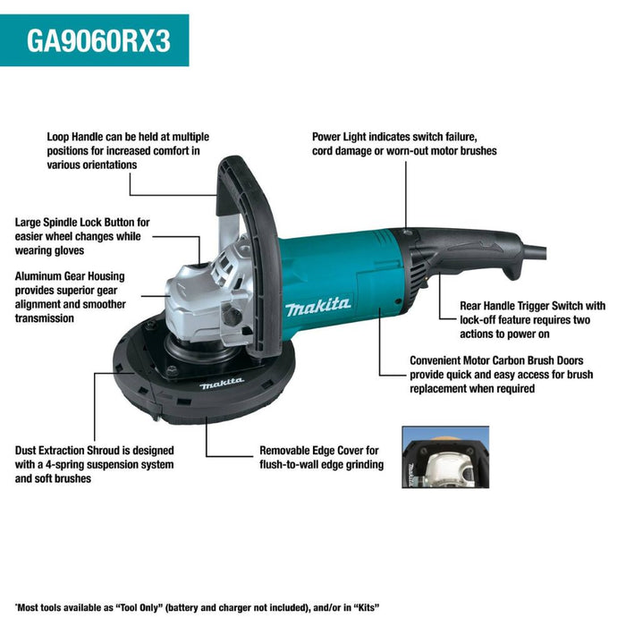 Makita GA9060RX3 7" Surface Planer with Dust Extraction Shroud, 15 AMP, 6,600 RPM, 5/8"-11, lock-off, lock-on - 2