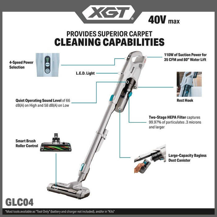 Makita GLC04Z 40V Max XGT Brushless Cordless Cyclonic Stick Vacuum with Power Brush Head (Tool Only) - 2