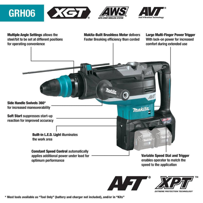 Makita GRH06PM 80V max (40V max X2) XGT Brushless 2" AVT Rotary Hammer Kit, accepts SDS-MAX bits, AFT, dual port charge, AWS Capable, case (4.0Ah)