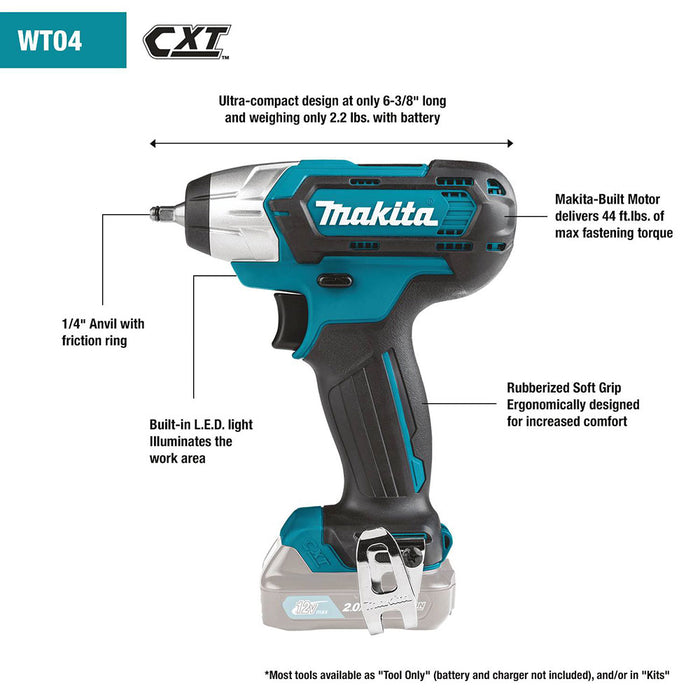 Makita WT04R1 12V Max CXT Lithium-Ion Cordless 1/4" Impact Wrench Kit - 3