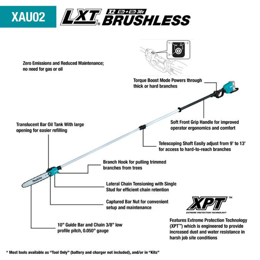 Makita XAU02ZB 36V (18V X2) LXT Brushless 10" Telescoping Pole Saw, 13' Length (Tool Only) - 2