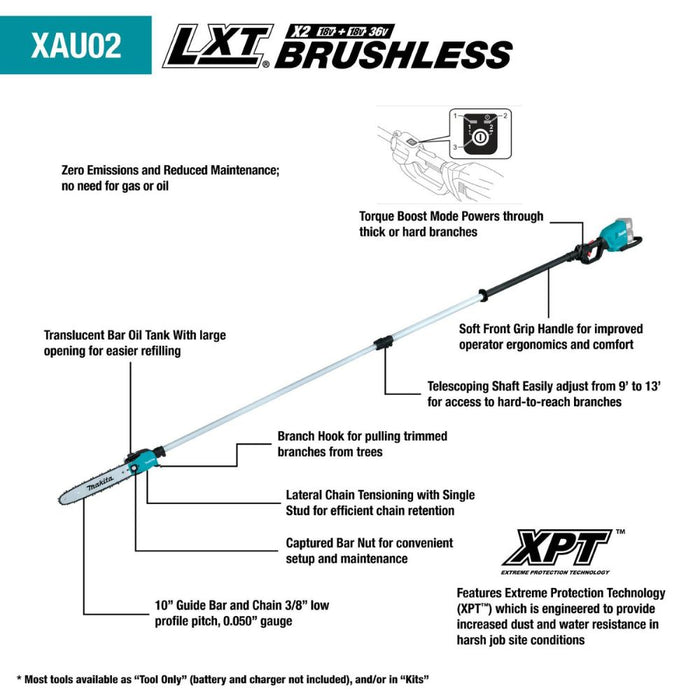 Makita XAU02ZB 36V (18V X2) LXT Brushless 10" Telescoping Pole Saw, 13' Length (Tool Only) - 2