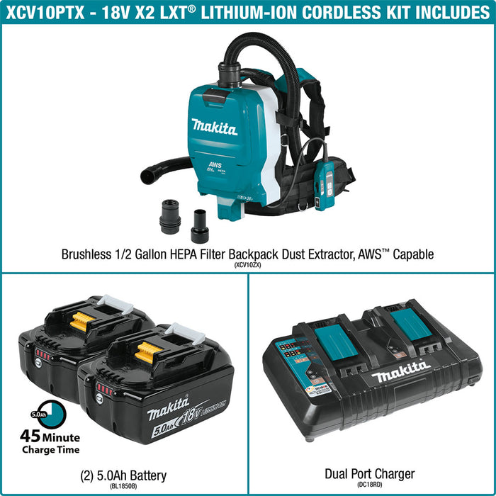 Makita XCV10PTX 18V X2 LXT 1/2 Gallon Backpack Dry Dust Extractor Kit - 5