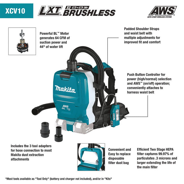 Makita XCV10PTX 18V X2 LXT 1/2 Gallon Backpack Dry Dust Extractor Kit - 9