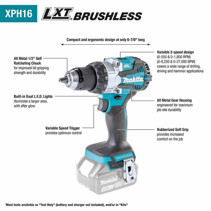 Makita XPH16T 18V LXT Lithium-Ion Compact Brushless Cordless 1/2" Hammer Driver-Drill Kit (5.0Ah) - 2