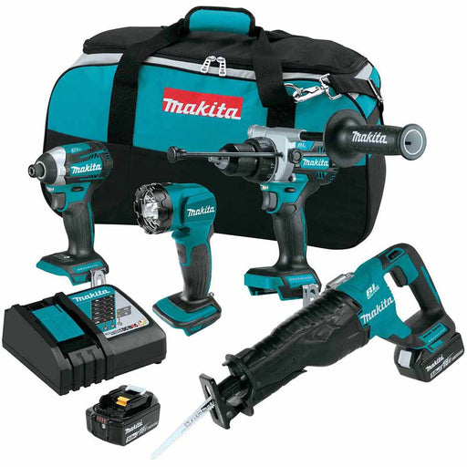 Makita XT453T 18V LXT Lithium-Ion Brushless Cordless 4 Pc. Combo Kit, XPH14Z, XDT14Z, XRJ05Z, DML815, bag (5.0Ah)