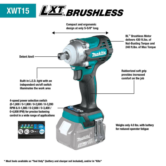 Makita XWT15T 18V LXT Lithium-Ion Brushless Cordless 4-Speed 1/2" Sq. Drive Impact Wrench Kit w/ Detent Anvil, var. spd., rev., L.E.D. Light, bag (5.0Ah) - 2