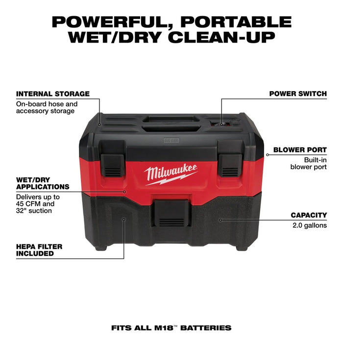 Milwaukee 0880-20 M18 2-Gallon Wet/Dry Vacuum (Tool Only) - 4