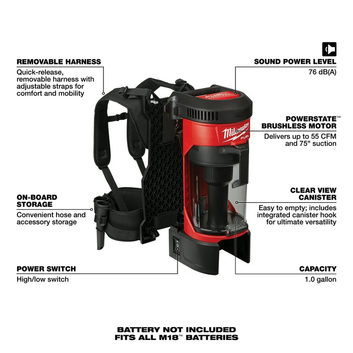 Milwaukee 0885-20 M18 FUEL 3-in-1 Backpack Vacuum (Bare Tool) - 7