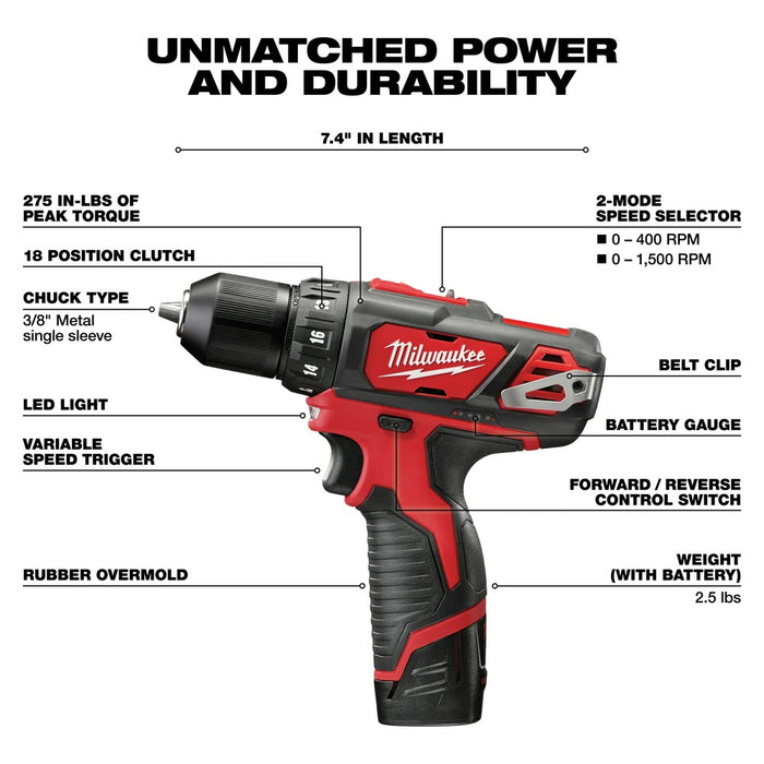 Milwaukee 2407-22 M12 3/8” Drill/Driver Kit - 3