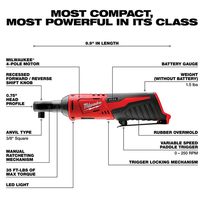 Milwaukee 2457-20 M12 Cordless 3/8" Ratchet (Tool Only) - 3