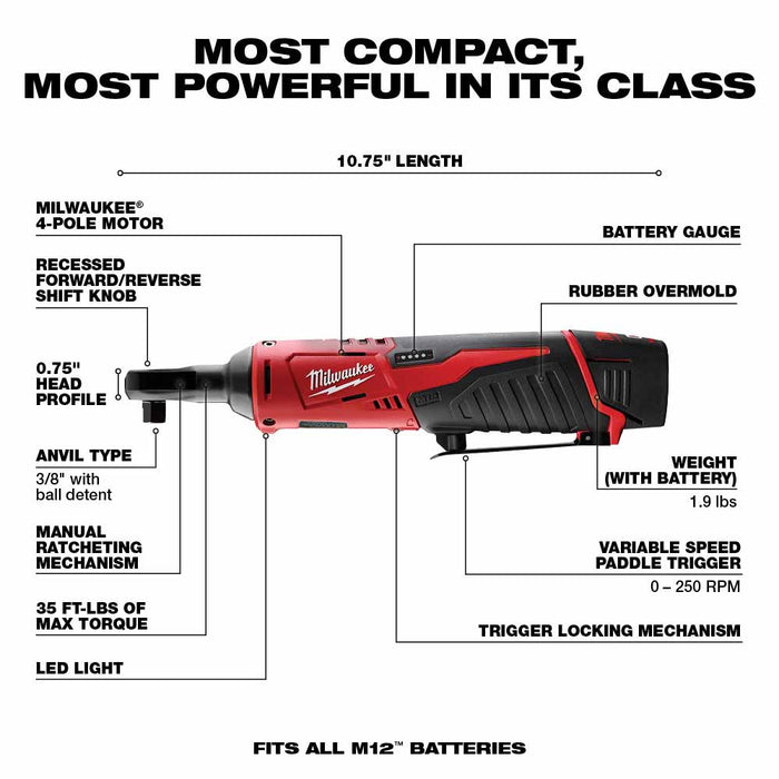 Milwaukee 2457-21 M12™ Cordless 3/8" Ratchet Kit - 3