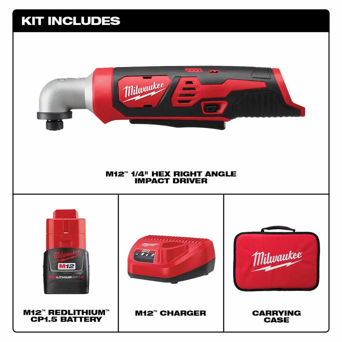 Milwaukee  2467-21 M12 1/4" Hex Right Angle Impact Driver Kit - 2
