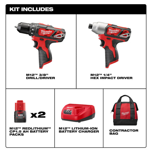 Milwaukee 2494-22 M12 Cordless Combo Drill Kit, 2 Battery - 2