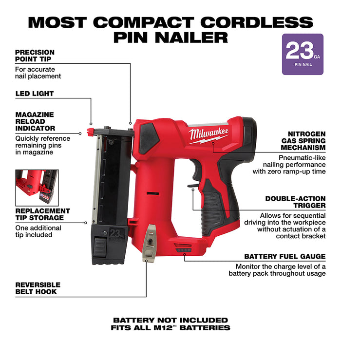 Milwaukee 2540-20 M12™ 23 Gauge Pin Nailer - 4