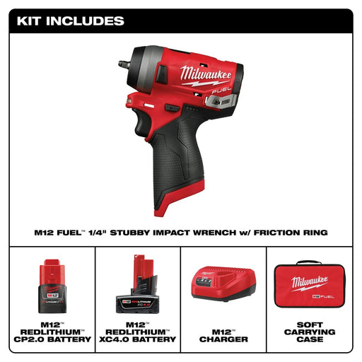 Milwaukee 2552-22 M12 FUEL Stubby 1/4" Impact Wrench Kit - 2