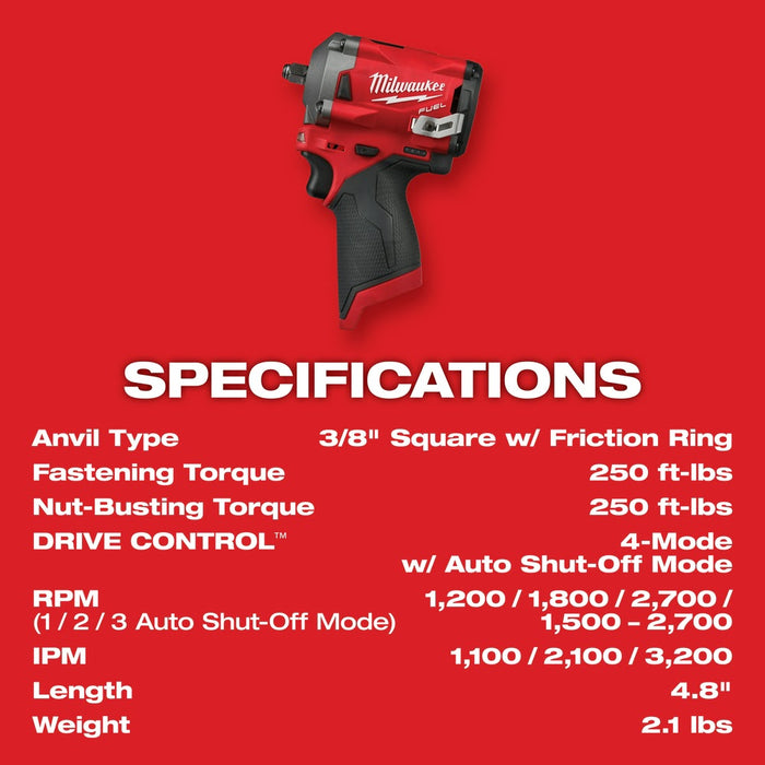 Milwaukee 2554-20 M12 FUEL Stubby 3/8" Impact Wrench - 8