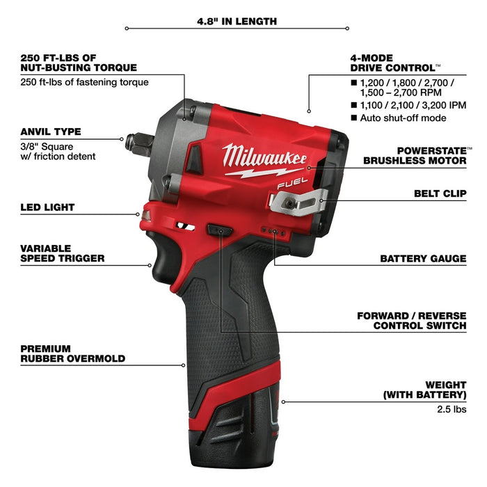 Milwaukee 2554-22 M12 FUEL Stubby 3/8" Impact Wrench Kit - 8