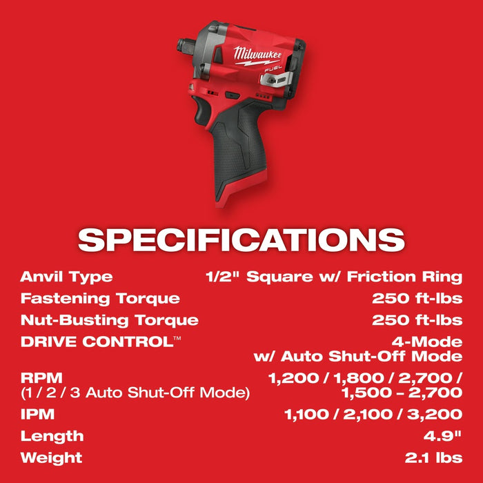 Milwaukee 2555-20 M12 FUEL Stubby 1/2" Impact Wrench - 8