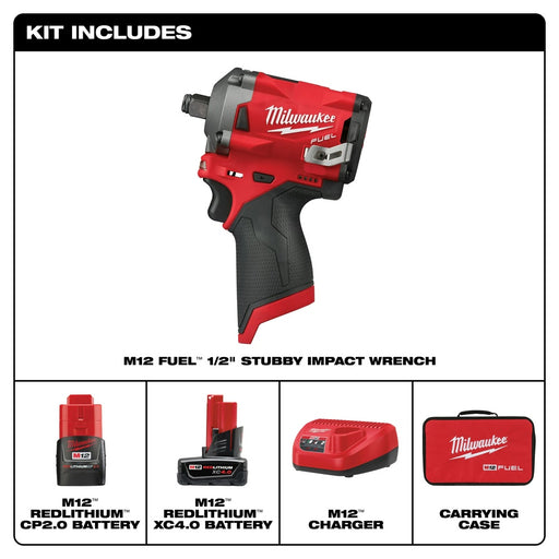 Milwaukee 2555-22 M12 FUEL Stubby 1/2" Impact Wrench Kit - 2