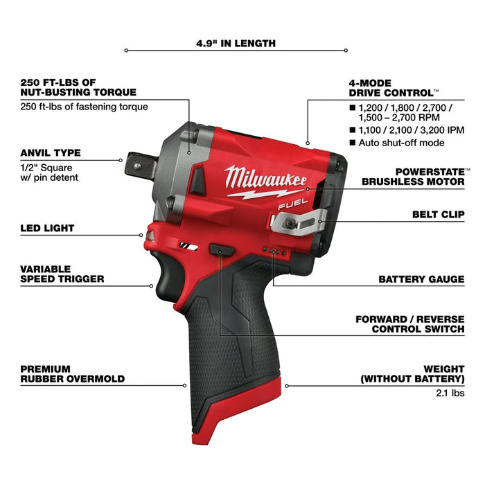 Milwaukee 2555P-20 M12 FUEL Stubby 1/2" Pin Impact Wrench - 4