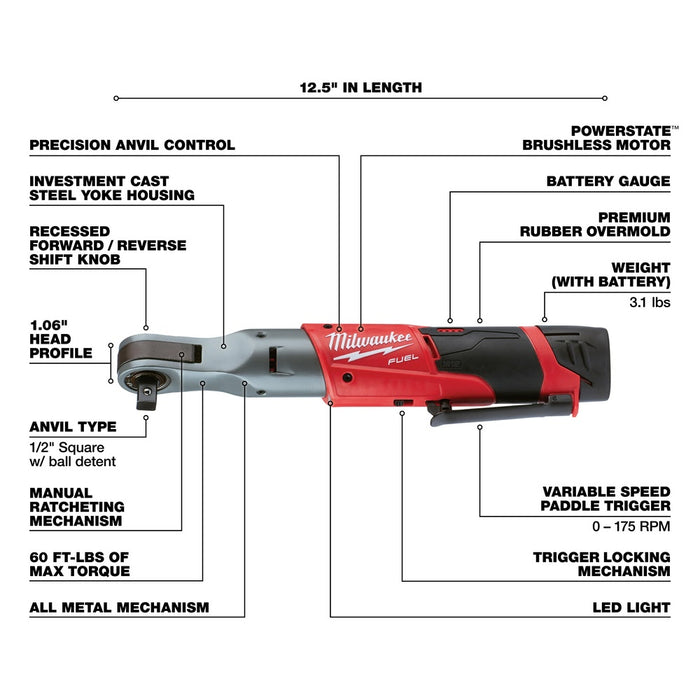 Milwaukee 2558-22 M12 FUEL 1/2" Ratchet 2 Battery Kit - 4