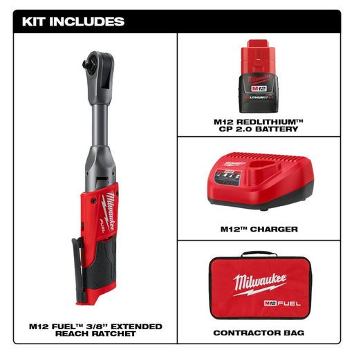 Milwaukee 2560-21 M12 FUEL 3/8" Extended Reach Ratchet 1 Battery Kit - 2