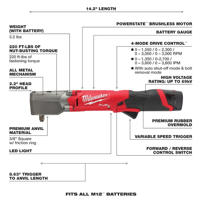 Milwaukee 2564-22 M12 FUEL  3/8" Right Angle Impact Wrench Kit - 8