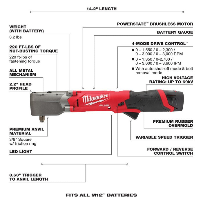 Milwaukee 2564-22 M12 FUEL  3/8" Right Angle Impact Wrench Kit - 8