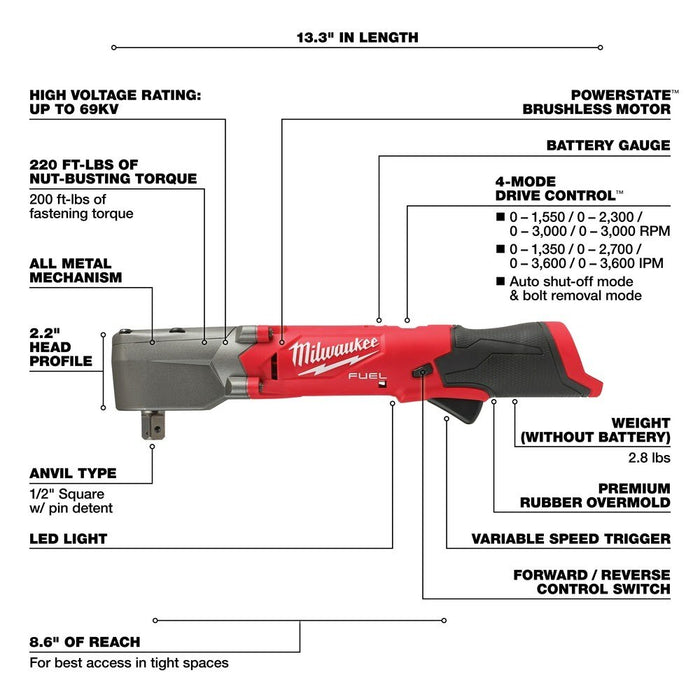 Milwaukee 2565P-20 M12 FUEL 1/2" Right Angle Impact Wrench w/ Pin Detent (Bare Tool) - 4