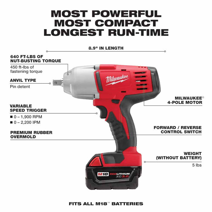 Milwaukee 2662-22 M18 1/2" High Torque Impact Wrench with Pin Detent Kit - 3